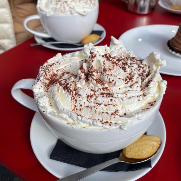 Lovely chocolate drink with whipped cream and all the cakes are also great.