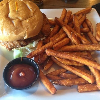 If you're looking to try something different, go with the Buttermilk Fried Chicken Sandwich, served with sweet potato fries. It's a "change-up" compared to most meals in the Boston area.