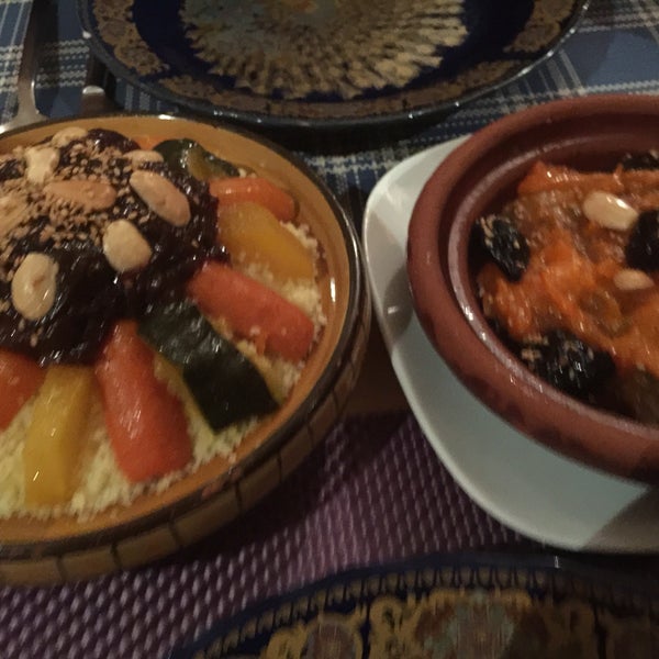 Delicious Moroccan food, try Royal couscous and Lamb Tajine, followed by Moroccan Tea