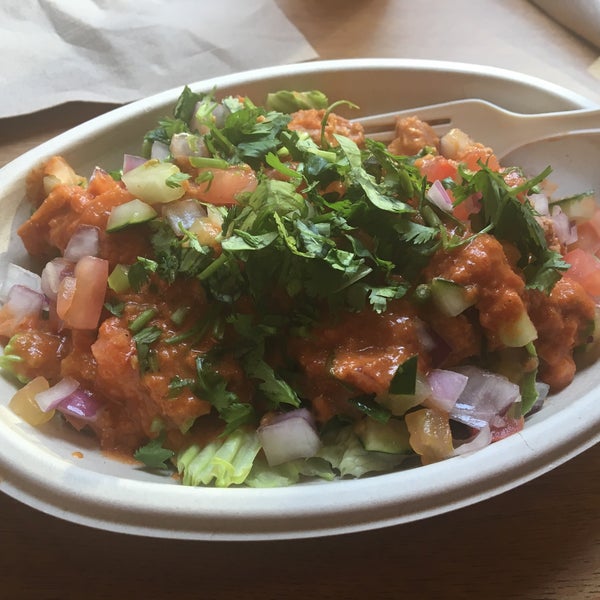 Salad bowl with chicken and spice souse is great, not every spicy dish makes you nose running but still be such tasty
