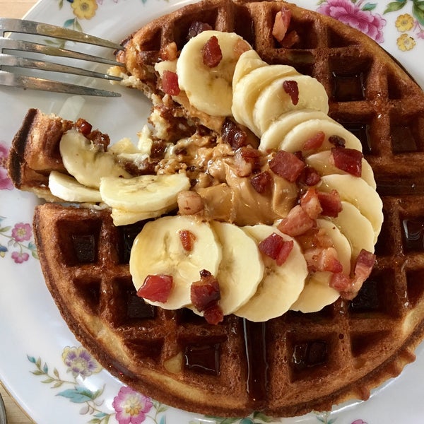 Gluten free, dairy free Elvis Waffles. It's true. That's bacon, peanut butter, honey, and bananas. #FTW
