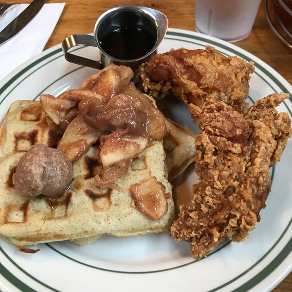 Please try out the Chicken and Waffles while you’re here! Two pieces of fried chicken with two buckwheat waffles, topped with cinnamon butter and apples.