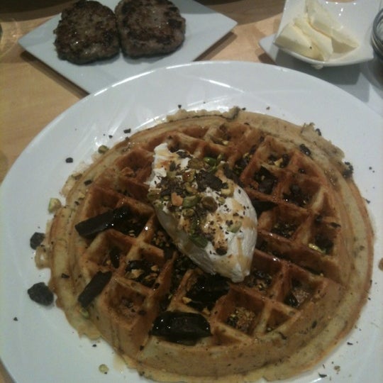 Pancetta and Chocolate Chip Waffle with Pistachios. YUM!!