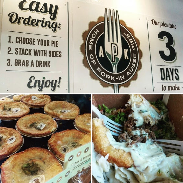 Lamb + rosemary pie, Chicken curry pie + veggie pie are favorites. But the SIDES... Mint mushy peas are better than England's. Garlic mashed potatoes, stuffing, and the gravy ... oh that gravy. GO!