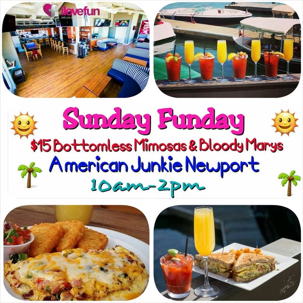Sunday funday $15 brunch includes bottomless mimosas & bloody marys on the water venue, love it! Amazing happy hour sunset party after which goes all night long.  Favorite Sunday Funday Spot