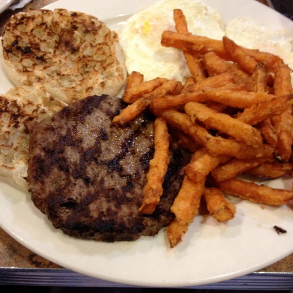 I had a Beef Burger with 2 Fried Eggs on an English Muffin like a hamburger with Sweet Potato Fries!