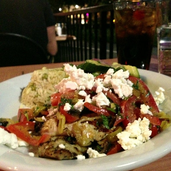 Chicken Reganati - chicken breast marinated then charbroiled and smotheredbin grilled bell peppers, artichokes and feta. delish!