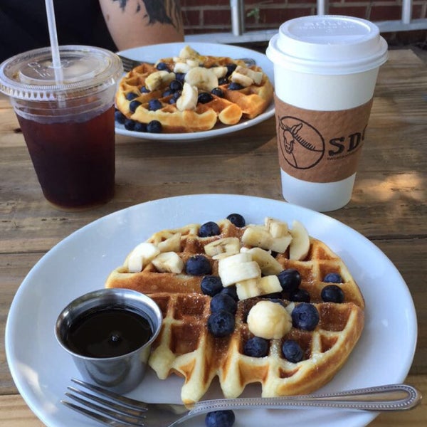 Cold brew for him and chai latte for me with our awesome waffles and fresh fruit - definitely try to sit inside with food unless you're fine with swatting flies, but it happens (: