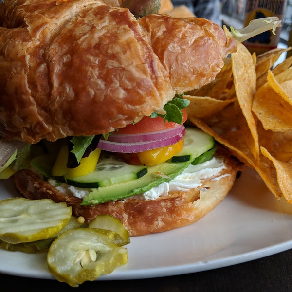Veggie croissant is amazing - stacked high with fresh veggies and comes with chips and salsa and hummus.