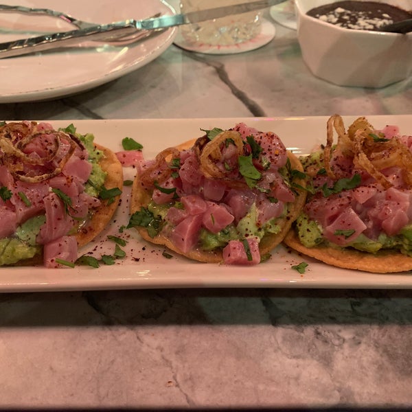 Tuna tostadas are enough for an entree. They’re loaded with fresh tuna and tasty guacamole. We also got the queso fundido to share with a mix of corn and flour tortillas!  Amazing service, too!