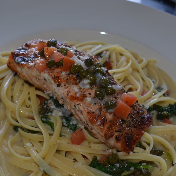 Get your TGiF on with our NEW Alaskan Caper..Lemon Dill Grilled Salmon with Spinach, Tomato, Capers, Shallot, Garlic, Linguine & a Citron Vodka Butter Sauce $19..totally taste-bud titillating!