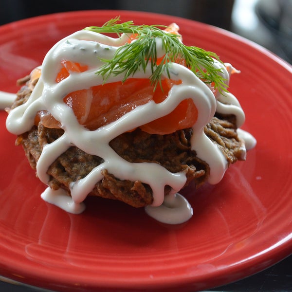 We have a Great treat for you this weekend Scotch Infused Gravlax over a Potato Onion Pancake for $5..so delicious!