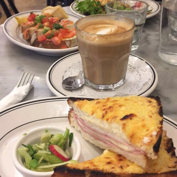 We had the jambon et fromage crêpe, the salmon toast, and a croqué monsieur, and I recommend all of them! The latte was excellent as well.