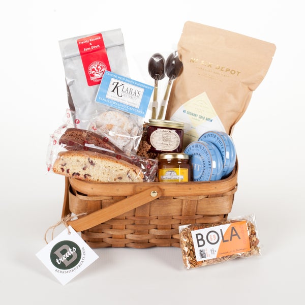 Waking up will NOT be hard to do when you send this gift basket of coffee and teas.  Coffees and teas roasted and made in the Berkshires,  We have also put in some goodies to eat with your beverage.