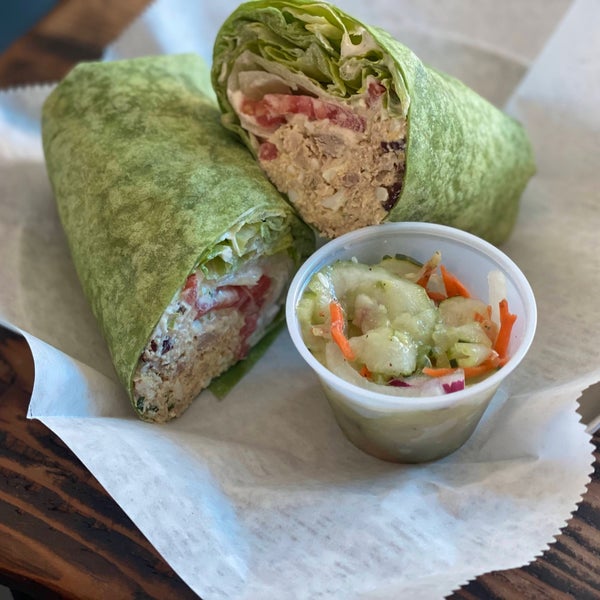 The cranberries in the chicken salad wrap were sweet but not overpowering. They also didn't go overboard with the mayo. Cucumber salad with carrots and red onion was a tasty choice.