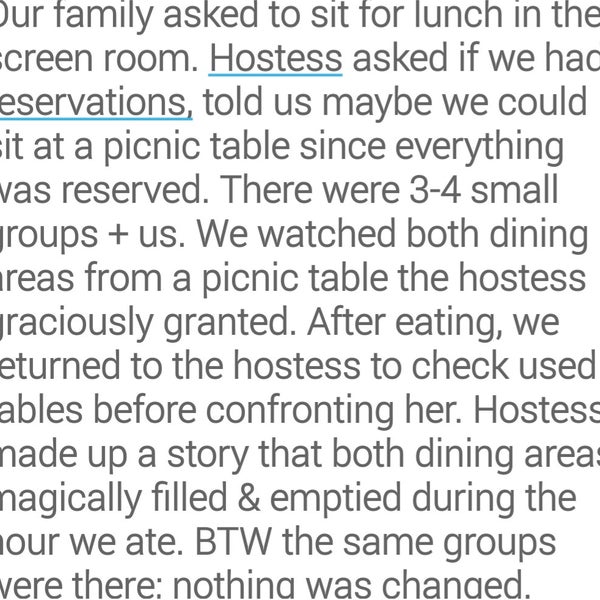 Food and ambience are good, wait staff we're fine, hostess was a self-important liar. Read the photo below for details.