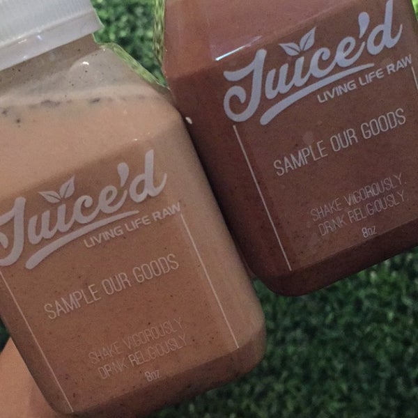 Juice'd Mylks made fresh from almonds and coconuts with lucuma, macs, vanilla and cacao nibs.... Simply incredible!