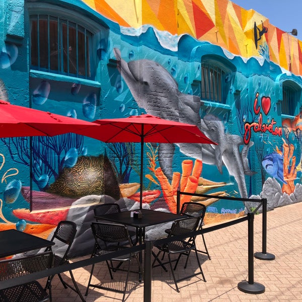 The famous Shark Shack Mural with outdoor seating at 2402 Strand in Galveston