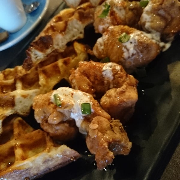 Waffles with fried chicken tasted kinda weird because of the cheap honey used.