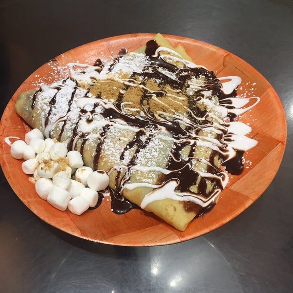 Smores crepe <3 marshmallows, nutella, gram crackers with powdered sugar and whipped cream