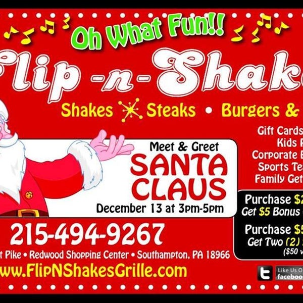 Meet Santa Dec 13 3 to 5 pm ‪#‎flipnshakes‬ ‪#‎Flipnshakesgrille‬ ‪#‎santa‬ ‪#‎santaclaus‬ ‪#‎southamptonpa‬ ‪#‎Huntingdonvalley‬ ‪#‎christmas‬ #santaclaus