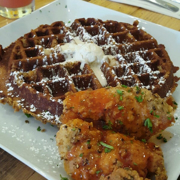 Chicken and sweet potato waffle...my mom had it, and she said it was rich and dry...so..you may need syrup for it.