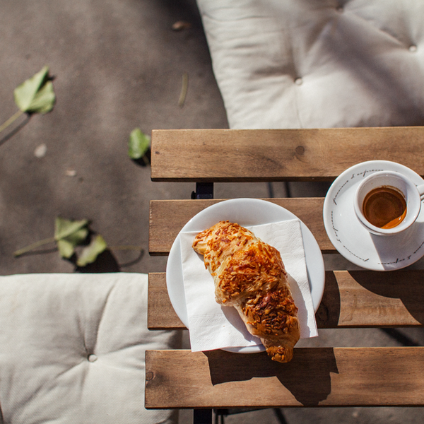 Ham&cheese croissant with espresso. we are also happy to serve you organic 100% grape juice and 100% apple juice.
