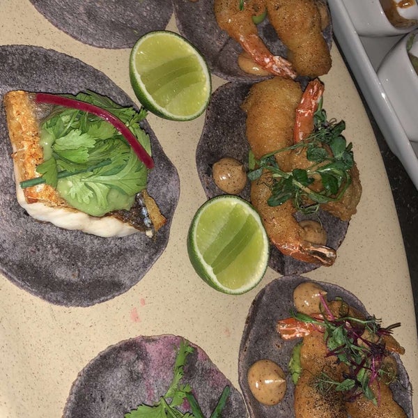 Tacos sea bass and prawns tempura