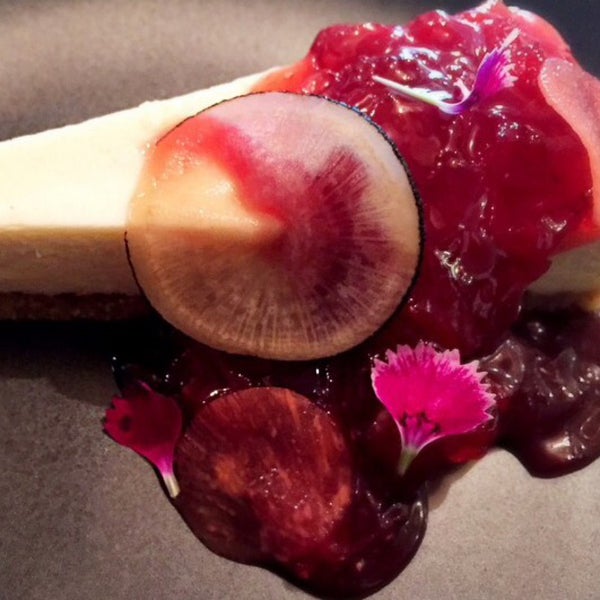 Mascarpone cheesecake with walnut, strawberry and radish.