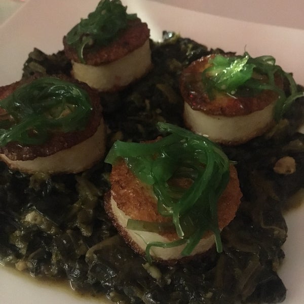 Super creative vegan approaches to French cuisine. Escargot, scallops (pictured) and dessert were favorites at our table!