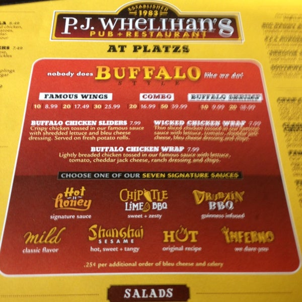 Pj whelihan sale menu