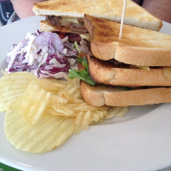 Steak sandwich was very average. toasted white bread and a rather novel serving of potato crisps on the side