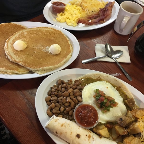 I had the huevos rancheros. Granted they were not swimming in the broth but the plate was great. My husband had the eggs with pancake. He ordered another pancake. Unless you're a big eater don't do it