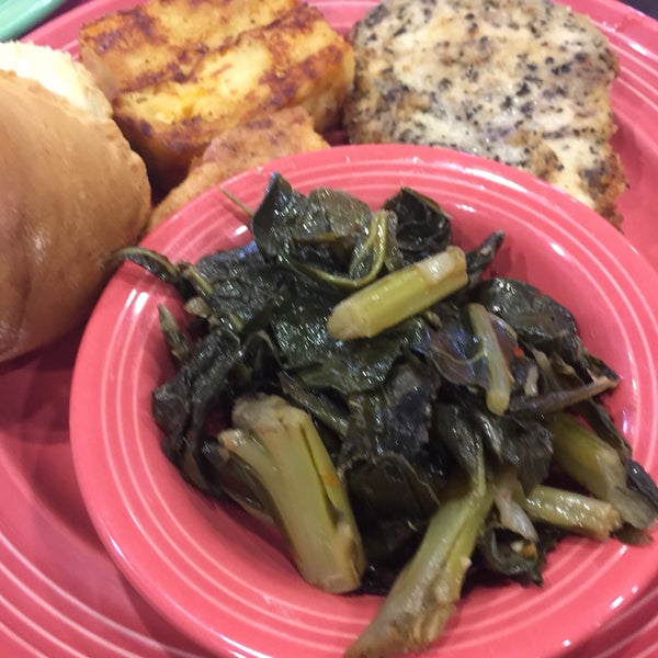Oven Fried ChickenHerb crusted chicken breast, grilled macaroni & cheese, & collard greens is a Awesome plate!!