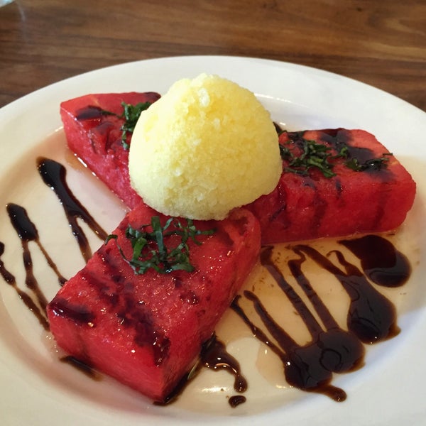 pan-seared watermelon steak dessert! with pineapple sorbet & balsamic glaze.. very interesting taste!