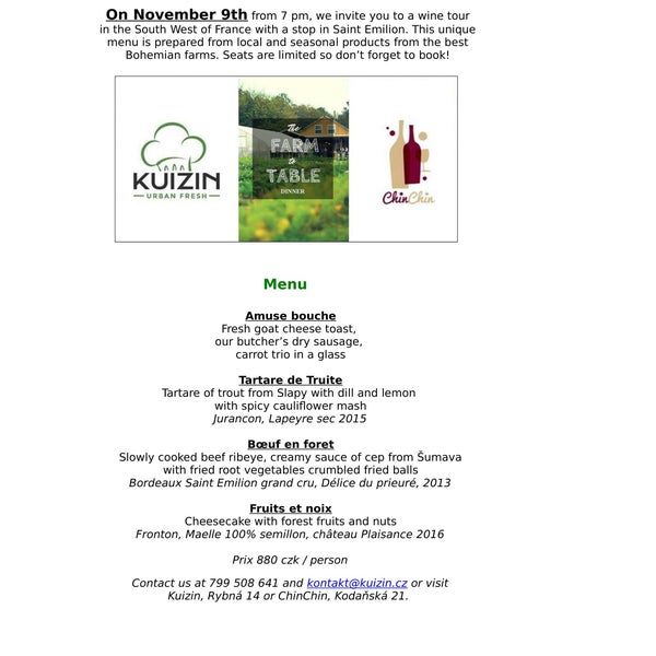 Czech farms meets French wines. Enjoy it on November 9th only