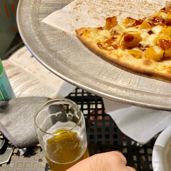 Delicious bbq chicken pizza and local beer on draft!