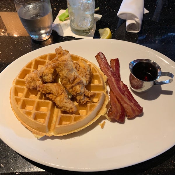 chicken and waffle - malted waffle served with bacon. #bricktops #24hourfoodgeek Follow us at http://24hourfoodgeek.com