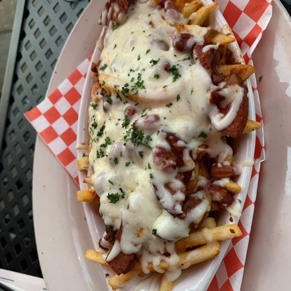 Red bean andouille pomme frites - melted Parmesan and mozzarella. #evangelines #24hourfoodgeek Follow us at http://24hourfoodgeek.wordpress.com