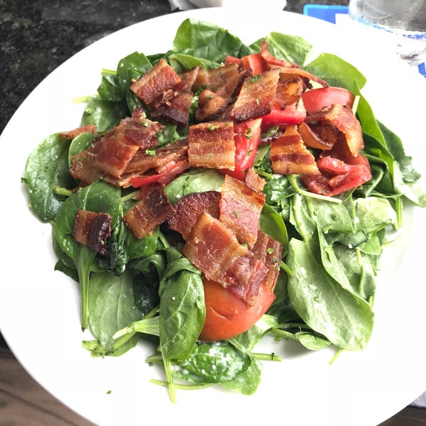 Spinach salad - bacon, egg, tomato, and Parmesan dressing. #24hourfoodgeek Follow us at 24hourfoodgeek.wordpress.com