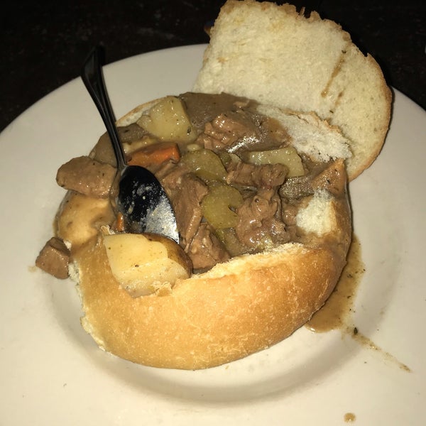 Guinness stew - Guinness braised beef tips, potatoes, and carrots in a sourdough bread bowl.#24hourfoodgeek Follow us at http://24hourfoodgeek.wordpress.com