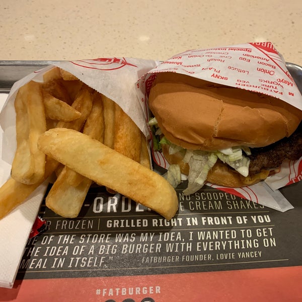 Medium Fatburger and Fat fries - 100% ground beef, toasted sponge-dough bun, lettuce, tomato, mayonnaise, mustard, pickles, and relish. #fatburger Follow us at http://24hourfoodgeek.com