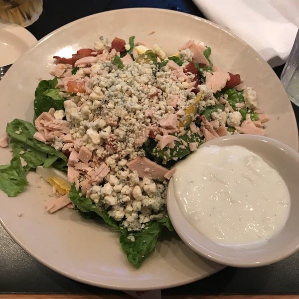 Cobb salad - chopped romaine, mixed greens,  house smoked turkey, applewood smoked bacon, sliced egg, avocado, tomato, and crumbled bleu cheese served with bleu cheese dressing. #24hourfoodgeek