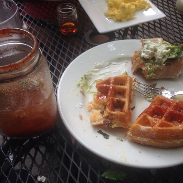 Everything was excellent. Iced coffee, Bloody Marie's, bacon cheddar waffles, bacon burrito. Service was great too.