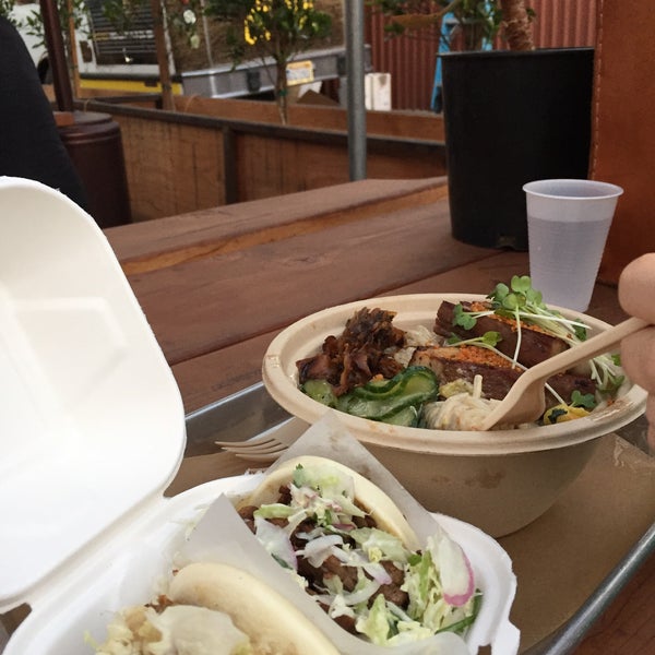 Welcome to the ArtsDistrict in #DTLA! We did the pork belly noodle bowl and these steam buns are addictive- brisket and cola soaked pork!