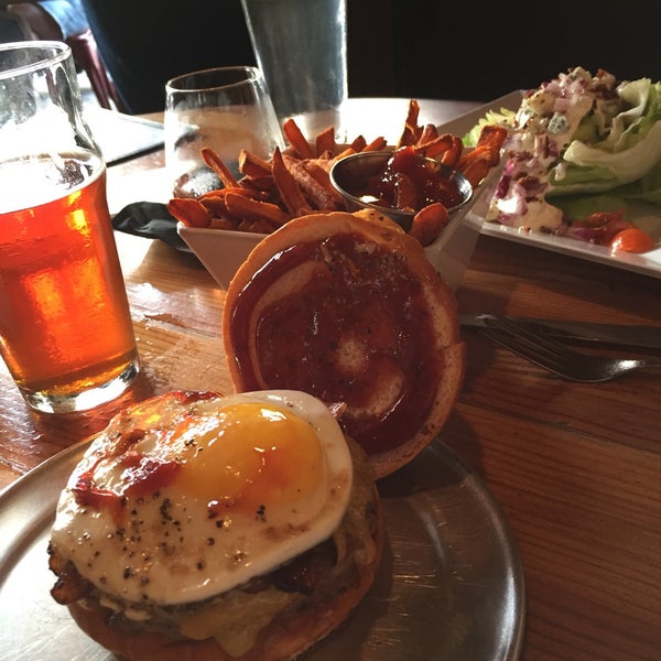 The Morning After Burger has what you need, bacon and egg on it! Huge list of #craftbeer