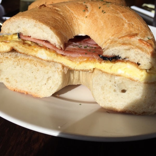 Good place for coffee and breakfast!   Bagel sandwich with egg, ham and cheese!