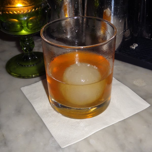 Scotch & Coconut Caribbean Old Fashioned -Monkey Shoulder Scotch & Don Q Anejo Rum, with Coconut Water Ice Ball