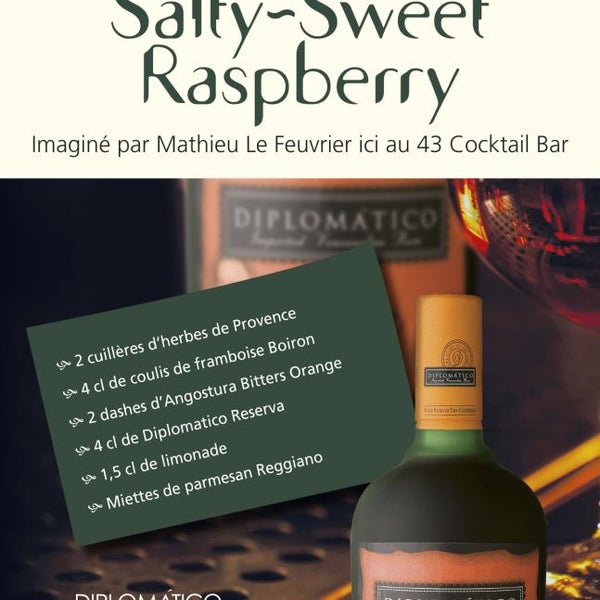Mathieu Le Feuvrier is one of the bartenders participating at the Diplomático World tournament: France. Don't miss his amazing cocktail "Salty Sweet Rapsberry" with Diplomático Reserva
