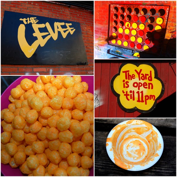 Free cheeseballs, outdoor Connect 4, and good beer list.